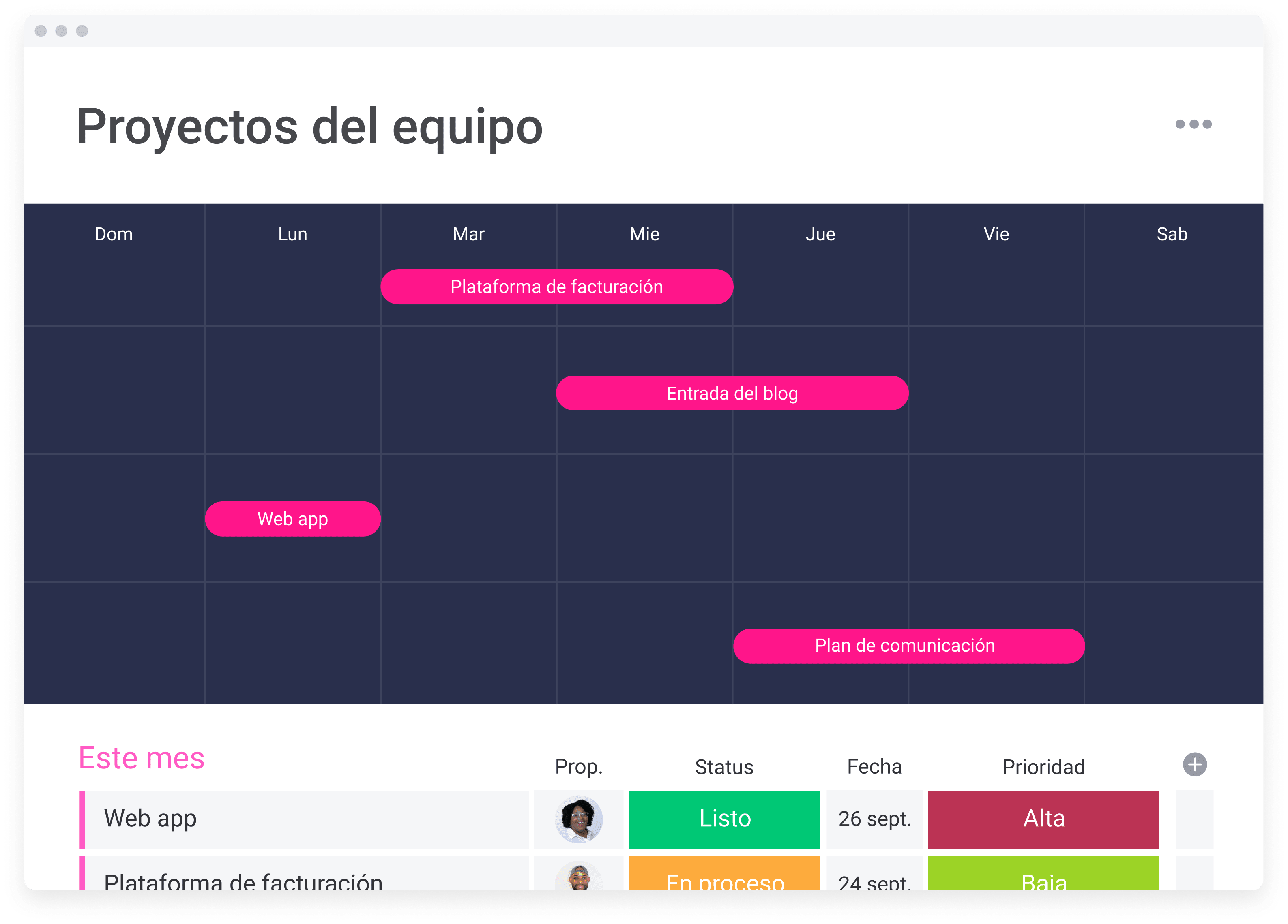 Tablero para el calendario de trabajo